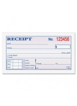 Receipt book, 50 Sheet(s) - Tape Bound - 2 Part - 2.75" x 5.37" Form Size - Assorted Sheet Color - 1 Each - abfdc2501